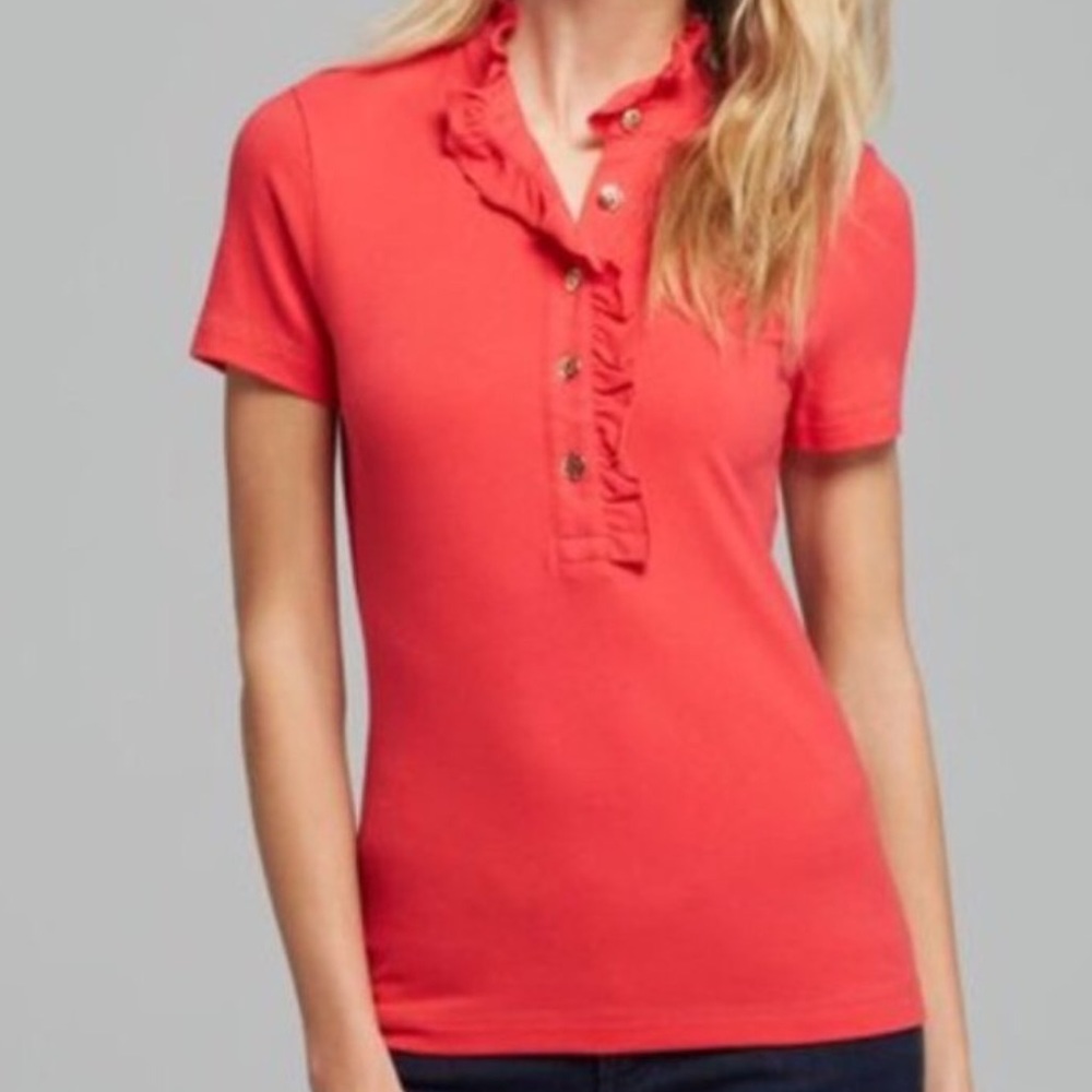 Tory Burch Emily Ruffle Pique Polo Shirt Orange/Red Size XSmall